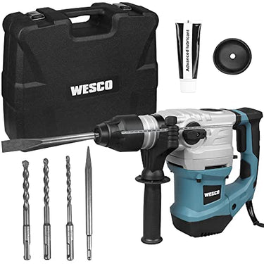WESCO 1500W SDS plus hammer drill, depth stop, 5.5J drilling performance, drill in concrete, 32mm hammer drill, with drill chisel set, anti-vibration, safe clutch, case, demolition hammer on sale